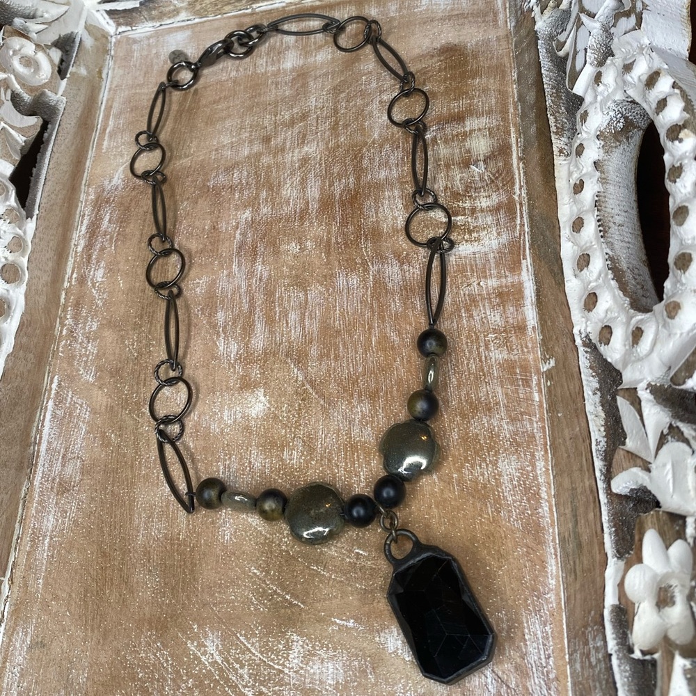 LOYAL MUSE Hematite & Natural Obsidian Black Crystal Chandelier Pendant Rustic